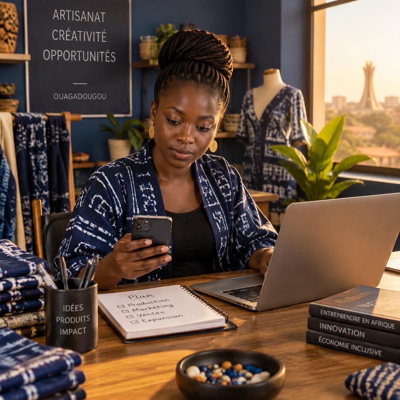 Entrepreneure travaillant sur son ordinateur et son téléphone